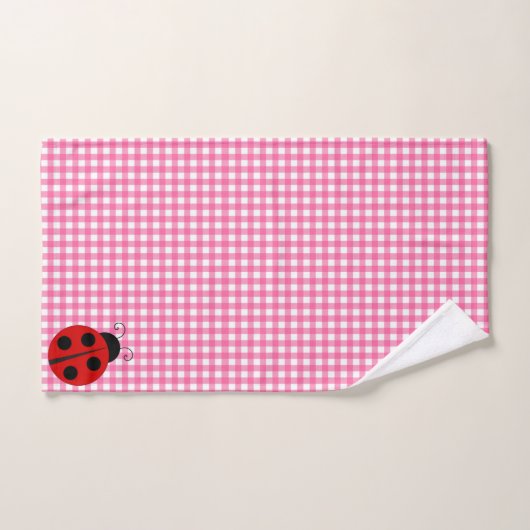 Cute Ladybug Pink and White Picnic Checks Gingham Bad Handdoek (Handdoek)