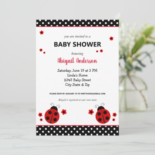 Cute Ladybug Polka Dots Baby shower Invitation Kaart (Staand voorkant)