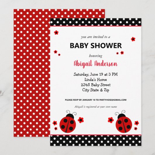 Cute Ladybug Polka Dots Baby shower Invitation Kaart (Voorkant / Achterkant)