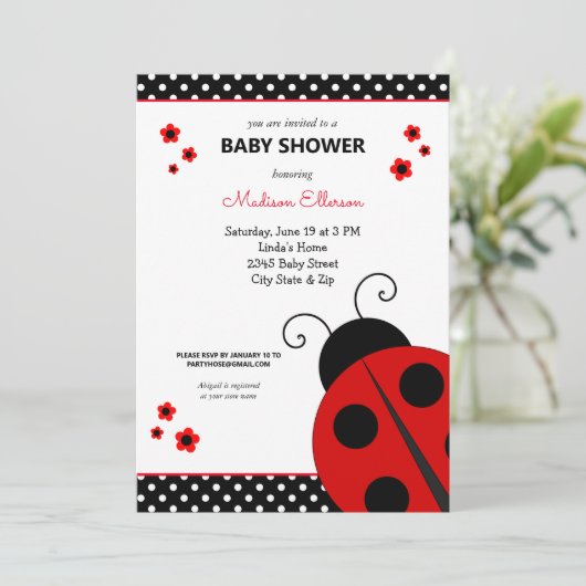 Cute Ladybug Polka Dots Baby shower Invitation Kaart (Staand voorkant)