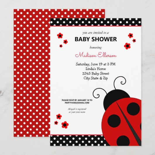 Cute Ladybug Polka Dots Baby shower Invitation Kaart (Voorkant / Achterkant)