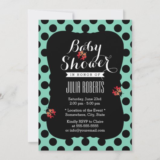 Cute Ladybug Polka Dots Mint Green Baby shower Kaart (Voorkant)