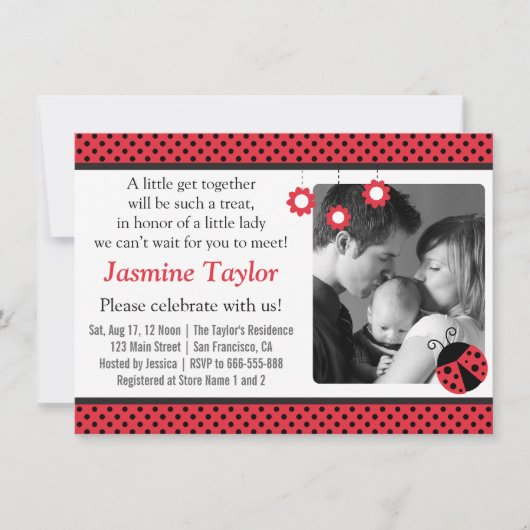 Cute Ladybug, Red and Black Polka Dots Baby shower Kaart (Voorkant)