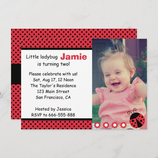 Cute Ladybug, Second Birthday Party, polka dots Kaart (Voorkant / Achterkant)