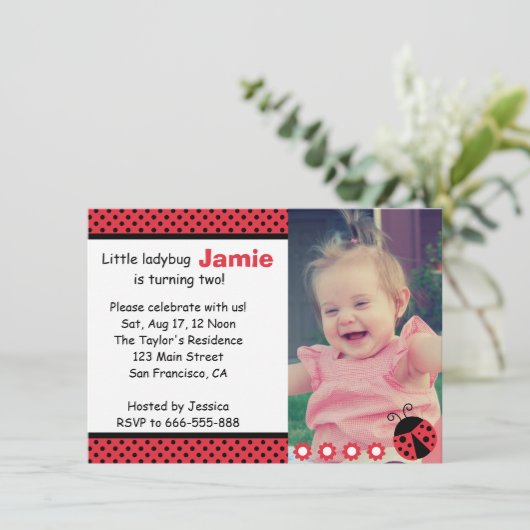 Cute Ladybug, Second Birthday Party, polka dots Kaart (Staand voorkant)