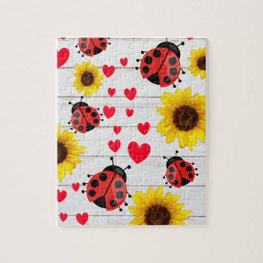 Cute Ladybug Sunflower and Hearts Gift Legpuzzel (Verticaal)