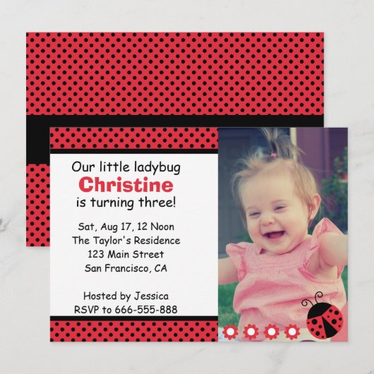 Cute Ladybug verjaardagsfeestje, Turns 3, polka do Kaart (Voorkant / Achterkant)