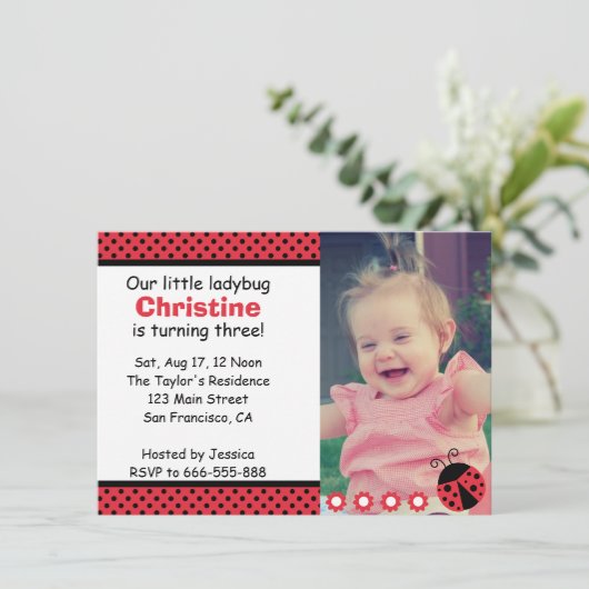 Cute Ladybug verjaardagsfeestje, Turns 3, polka do Kaart (Staand voorkant)