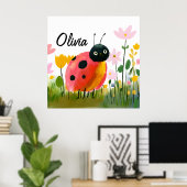 Cute Ladybug Wildflowers Girl's Name Poster (Thuiskantoor)