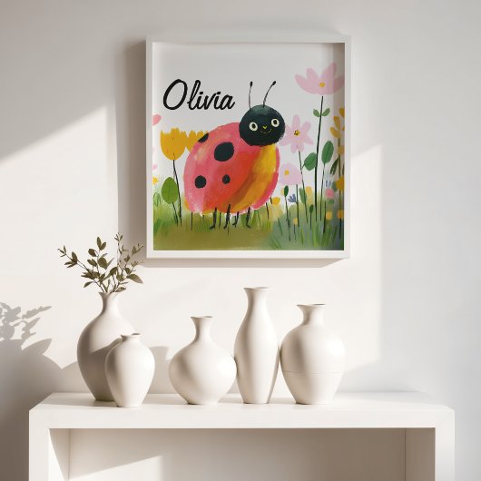 Cute Ladybug Wildflowers Girl's Name Poster