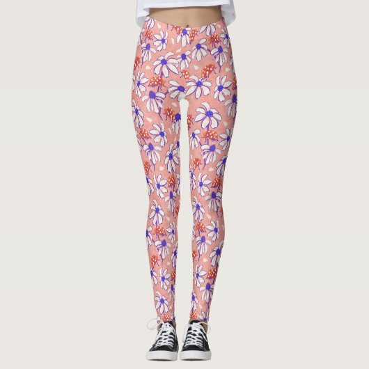 Cute Ladybugs en Daisies roze en blauw Leggings (Voorkant)