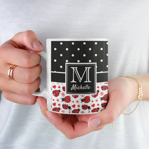 Cute Ladybugs Polka Dot Monogram Tweekleurige Koffiemok