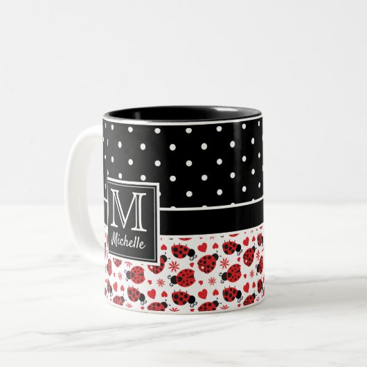 Cute Ladybugs Polka Dot Monogram Tweekleurige Koffiemok (Voorkant links)