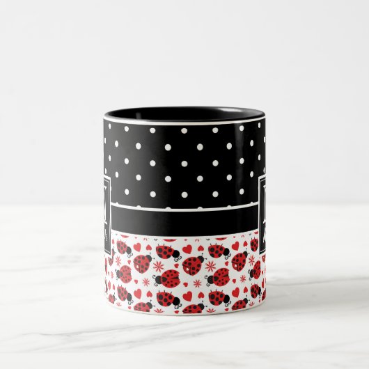 Cute Ladybugs Polka Dot Monogram Tweekleurige Koffiemok (Center)