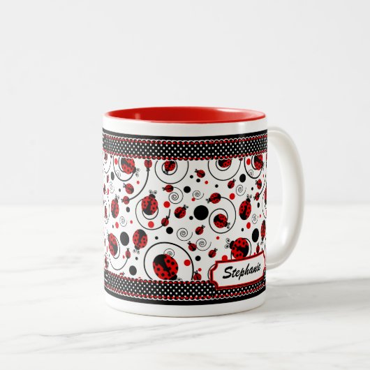 Cute Ladybugs Polka Dots and Swirls Name Coffee Tweekleurige Koffiemok (Voorkant rechts)