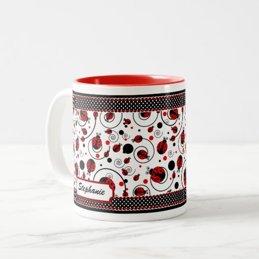 Cute Ladybugs Polka Dots and Swirls Name Coffee Tweekleurige Koffiemok (Voorkant links)