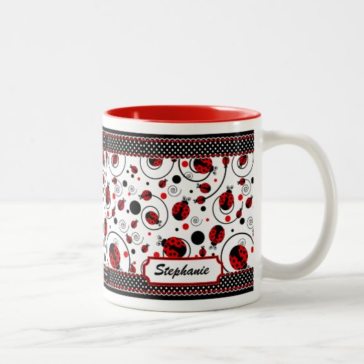 Cute Ladybugs Polka Dots and Swirls Name Coffee Tweekleurige Koffiemok (Rechts)