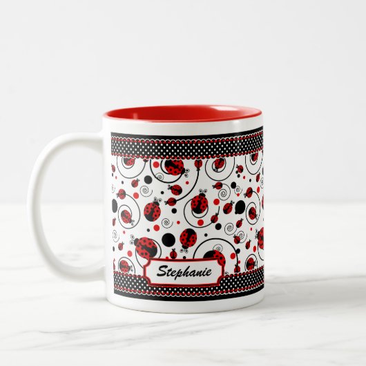 Cute Ladybugs Polka Dots and Swirls Name Coffee Tweekleurige Koffiemok (Links)