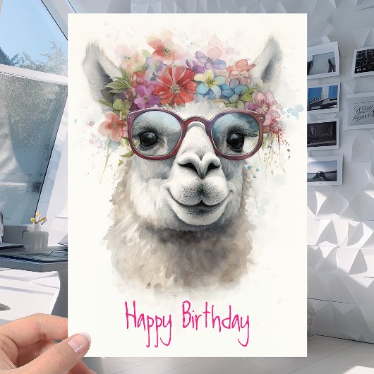 Cute Lama in Glasses and Flowers - Funny Birthday Kaart