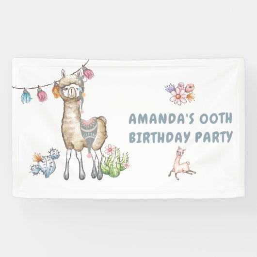 Cute Lama Kinderverjaardagsfeestje Spandoek (Horizontaal)