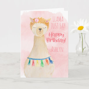 Cute Lama Meisjesachtig Roze Verjaardag Met Naam Kaart