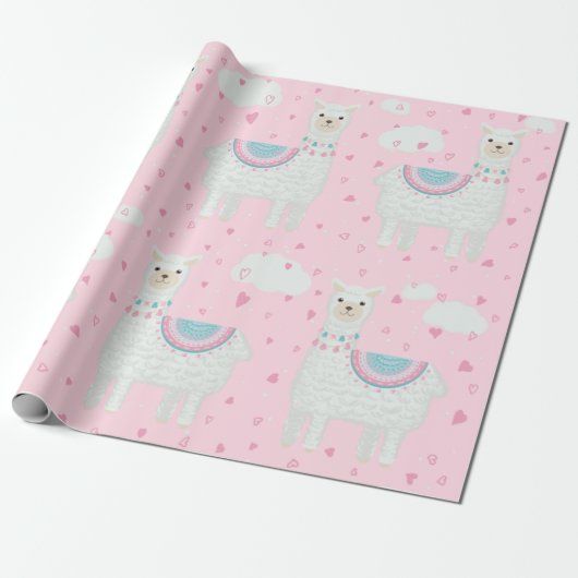 Cute lama roze achtergrond cadeaupapier (Uitgerold)