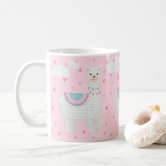 Cute lama roze achtergrond koffiemok (Met donut)