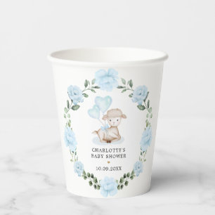Cute Lamb Baby Sheep Blue Floral Greenery Wreath Papieren Bekers