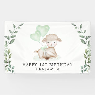 Cute Lamb Baby Sheep Greenery Boy Happy Birthday Spandoek