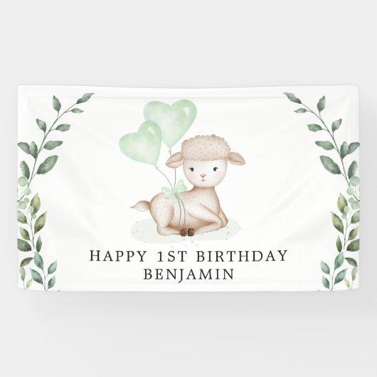 Cute Lamb Baby Sheep Greenery Boy Happy Birthday Spandoek (Horizontaal)