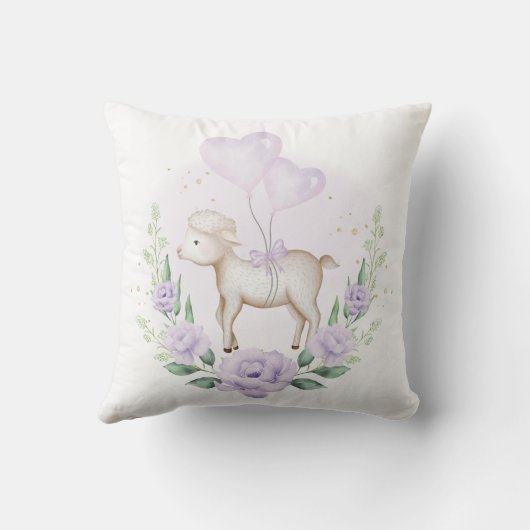 Cute Lamb Baby Sheep Paars Floral Greenery Wreath Kussen (Achterkant)
