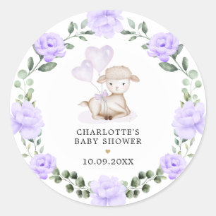 Cute Lamb Baby Sheep Paars Floral Greenery Wreath Ronde Sticker