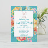 Cute Lamb Blauwgroen Blue Floral Baby shower Invit Kaart (Staand voorkant)