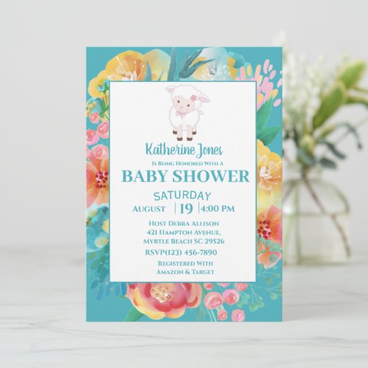 Cute Lamb Blauwgroen Blue Floral Baby shower Invit Kaart (Staand voorkant)