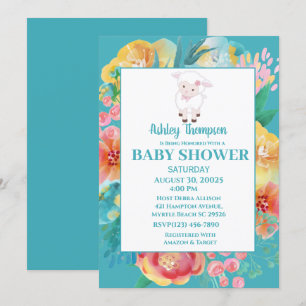 Cute Lamb Blauwgroen Blue Floral Baby shower Invit Kaart