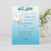 Cute Lamb Blue Floral Boy Baby shower Invitation Kaart (Staand voorkant)
