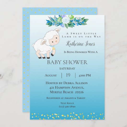 Cute Lamb Blue Floral Boy Baby shower Invitation Kaart (Voorkant / Achterkant)