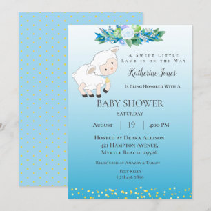 Cute Lamb Blue Floral Boy Baby shower Invitation Kaart