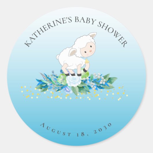 Cute Lamb Blue Floral Boy Baby shower Ronde Sticker (Voorkant)