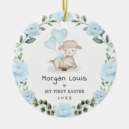 Cute Lamb Blue Floral Wreatal Baby First Easter Keramisch Ornament (Voorkant)