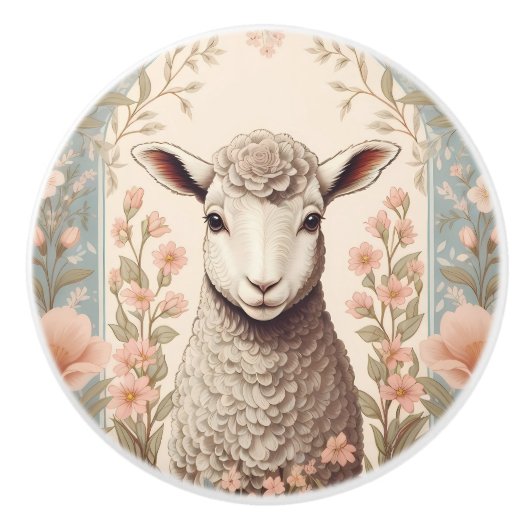 Cute Lamb Delicate Pastel Floral Keramische Knop (Voorkant)