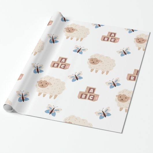 Cute Lamb en baby shower van de vlinder Cadeaupapier (Uitgerold)