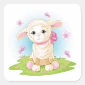 Cute Lamb en roze Butterflies Square Sticker (Voorkant)
