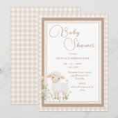 Cute Lamb Gingham Vintage Baby Shower Invitation Kaart (Voorkant / Achterkant)