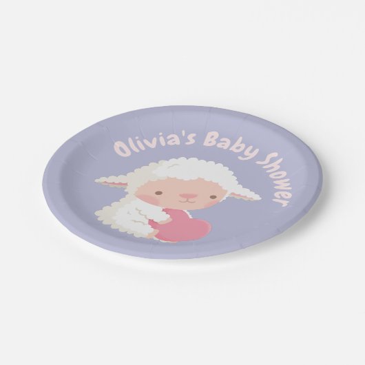 Cute Lamb Hugging Heart Baby shower Supply Papieren Bordje (Gekanteld)