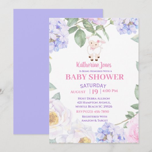 Cute Lamb Paars Floral Baby shower Kaart (Voorkant / Achterkant)