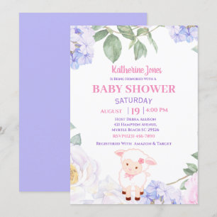 Cute Lamb Paars Floral Baby shower Kaart