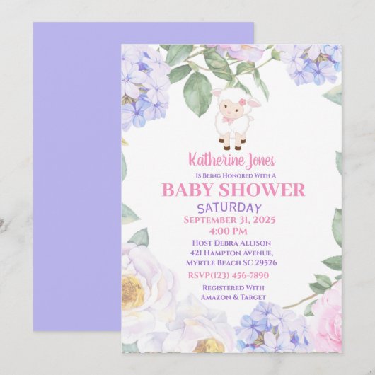 Cute Lamb Paars Floral Baby shower Kaart (Voorkant / Achterkant)