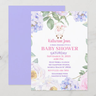 Cute Lamb Paars Floral Baby shower Kaart