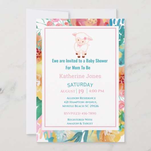 Cute Lamb Pink Floral Baby shower Invitation Kaart (Voorkant)
